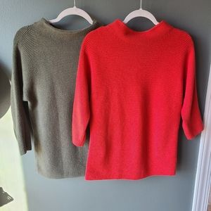 Bundle of 2 Lands End Sweaters in Coral and Olive Green, Size XS